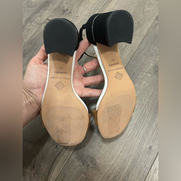 ANTONIO MELANI Odella Suede Ankle Strap Black Beige Open Toe Heels - Picture 4 of 4